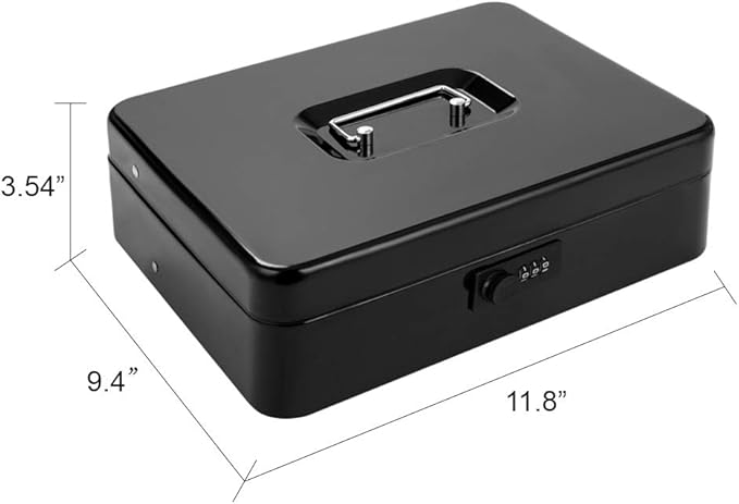 Cash Box with Money Tray and Combination Lock Metal Money Box for Cash Register Tiered Lock Box for Money 11.8" x 9.4" x 3.54" Black