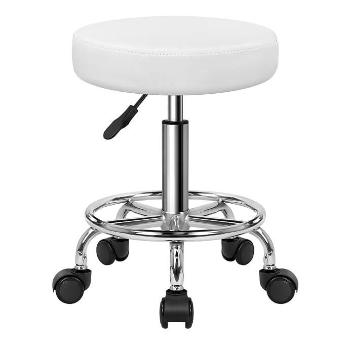 KKTONER PU Leather Round Rolling Stool with Foot Rest Swivel Height Adjustable Stool Spa Drafting Salon Tattoo Work Office Massage Task Chair White Small (White)