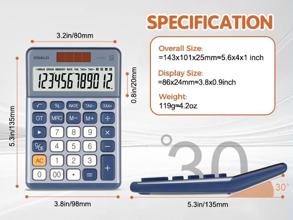 Pendancy Office Small Calculator Desktop with Tax+/- for Tax Calculation, 12 Digit Large LCD Display, Solar Battery Power, Durable Portable Design, Financial Accounting Business Home Use(OS-200T-Blue)
