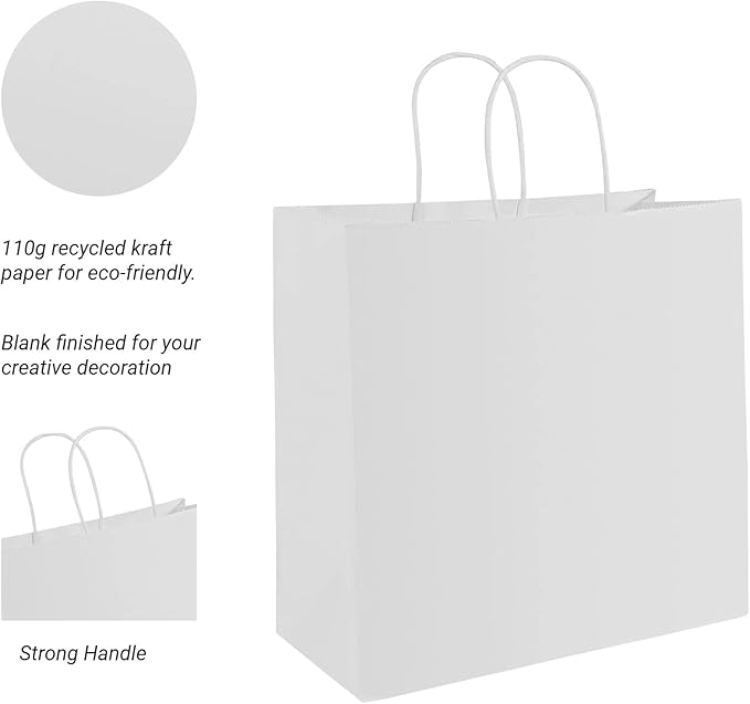 PAICUIKE 100Pcs White Kraft Paper Bags with Handles, 11x6x11 Inch Large Shopping Gift Bags for Valentine’s Day, Retail, Parties, Weddings, Birthdays, Gift Packaging