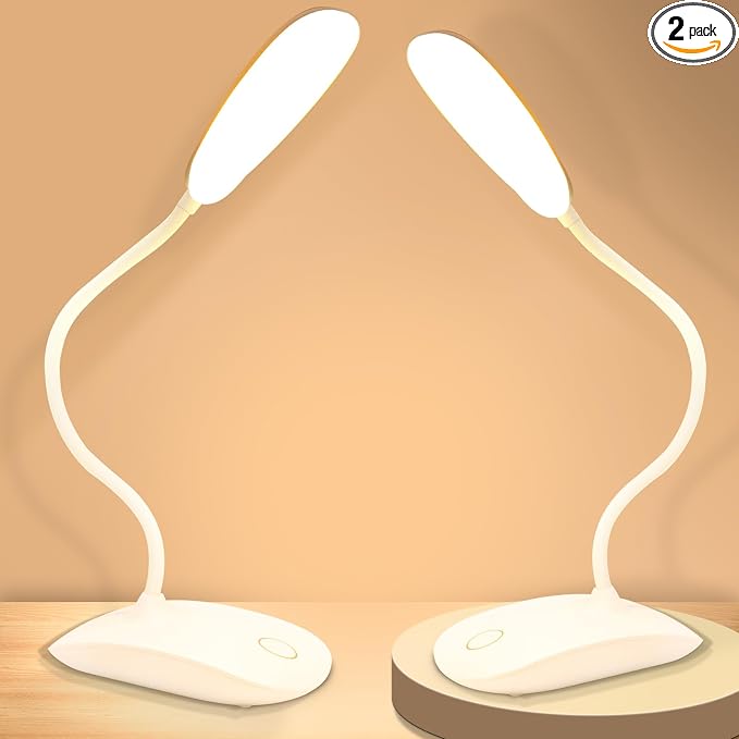 Portable Battery Powered Desk Lamp Small Rechargeable LED Table Light | 400 Lumen Eye Care,3 Color Temperatures,Stepless Touch Dimming,360° Adjustable for Nail Study Dorm Office Bedroom,White 2 Pcs