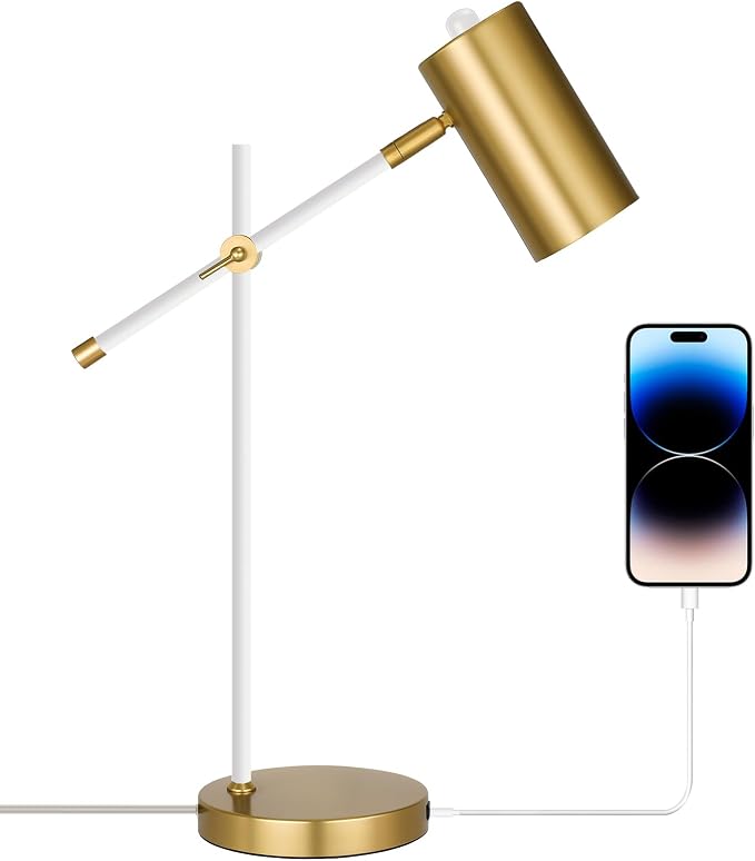 Modern White and Gold Desk Lamp with Type C Charging Port, Minimalist Industrial Table Lamp with Swing Arm, for Study Room Home Office Bedroom Bedside Nightstand