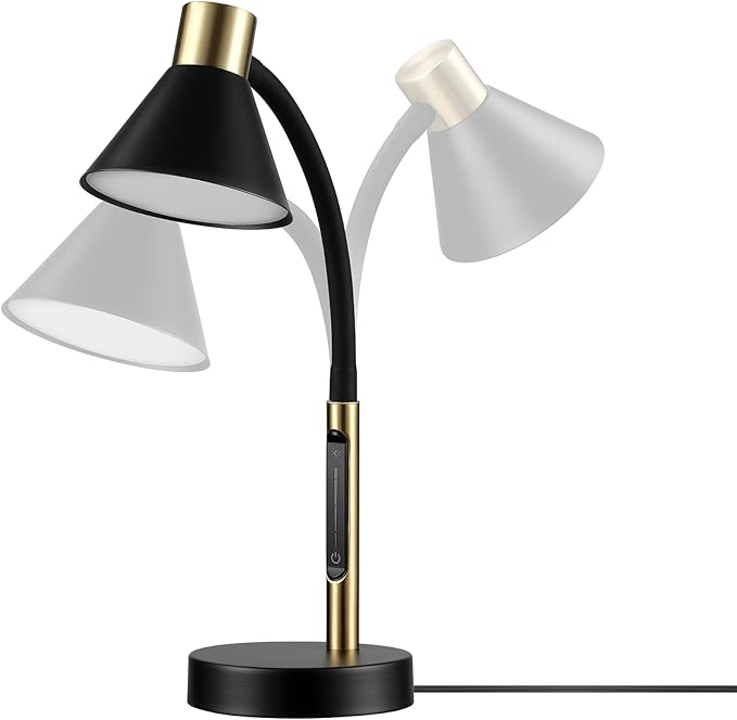 Globe Electric 62000034 15" LED Integrated Desk Lamp, Matte Black, Brass Accent, Adjustable Gooseneck, Dimmable, 3 Color Temperature, 7.5W, 90 CRI, 400 Lumens, Reading Light, Dorm Room Essentials