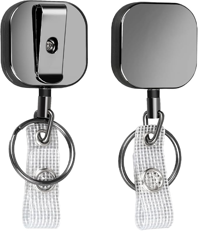Will Well 2 Pack Retractable Keychain - Metal Badge Reel - Square - Black | ID Badge Holder Reel with Metal Casing with 27.5"UHMWPE Fiber Pull Cord for Durability and Easy Access - Holds up to 8 Keys