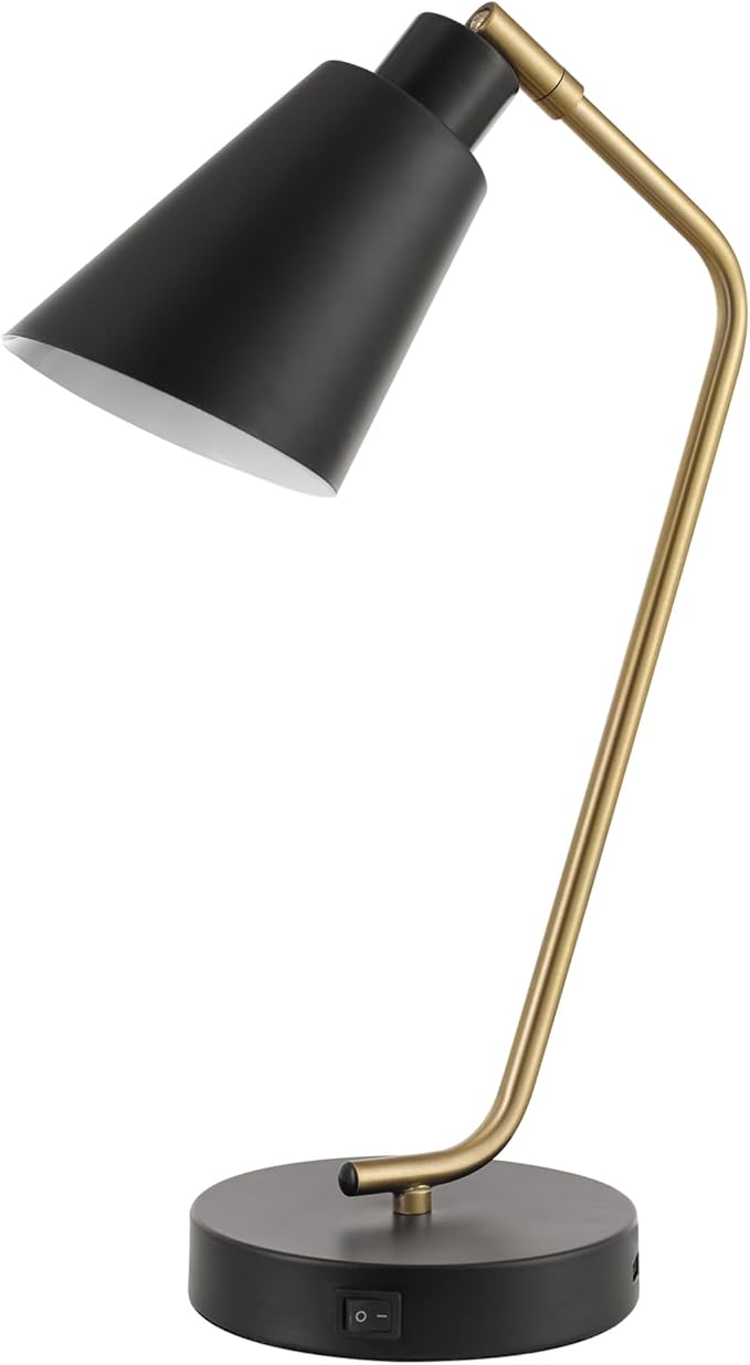 Globe Electric 52095 Belmont 17" Desk Lamp, Matte Black, Antique Brass Accents, Fast Charging USB Port, Rocker On/Off Switch