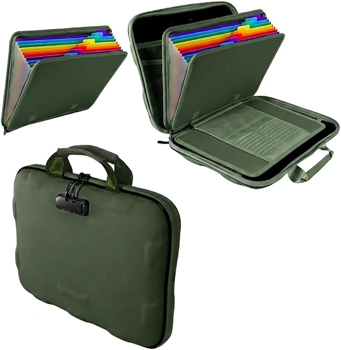 Fireproof Document Box, Hard Case Fireproof File Organizer Box with Lock and 13 Pocket Accordion File Folder, Portable Safe Box for Office Storage Important Documents (With Out Shoulder Strap, Green)