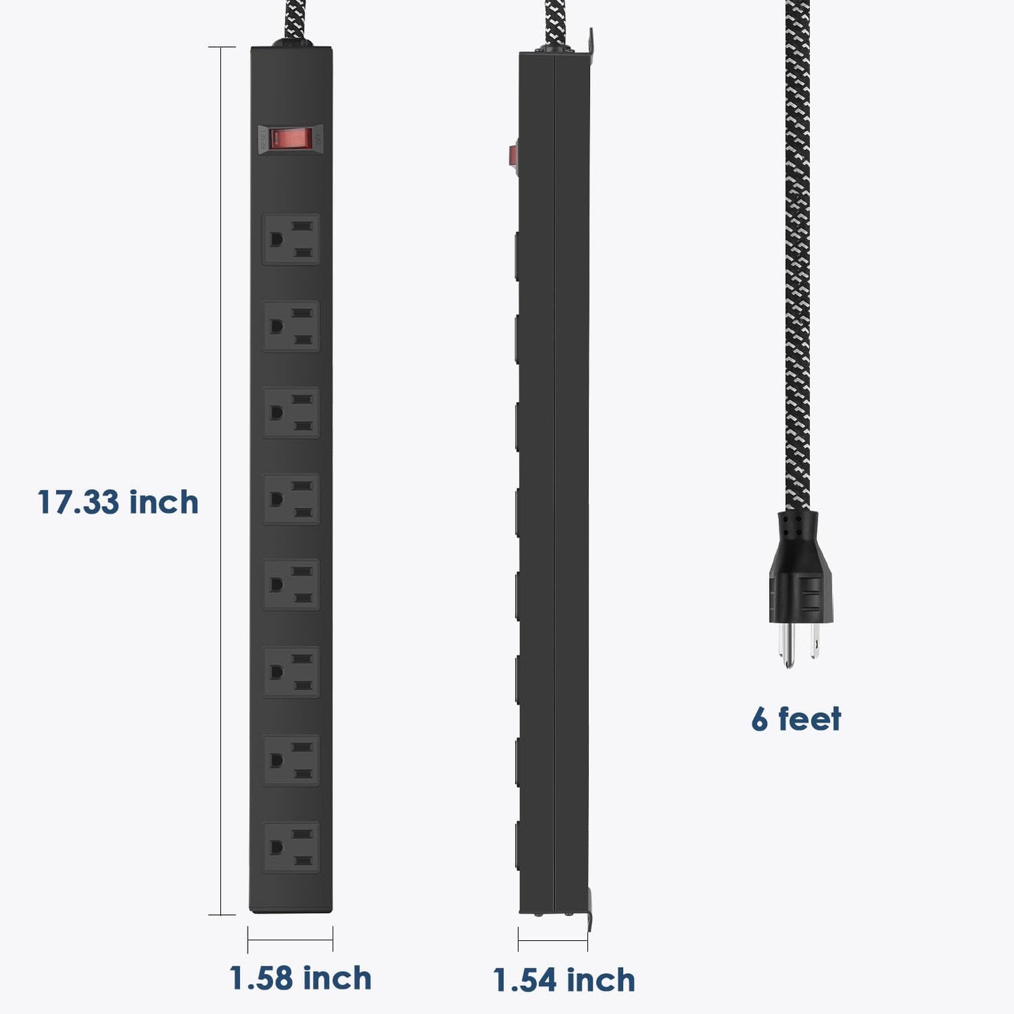 8 Outlet Power Strip - Metal Power Strip with Switch,Wide Spaced Moutable Surge Protector 1200J,6ft 14Awg Braided Cord,Home Office Industrial Garage Commercial