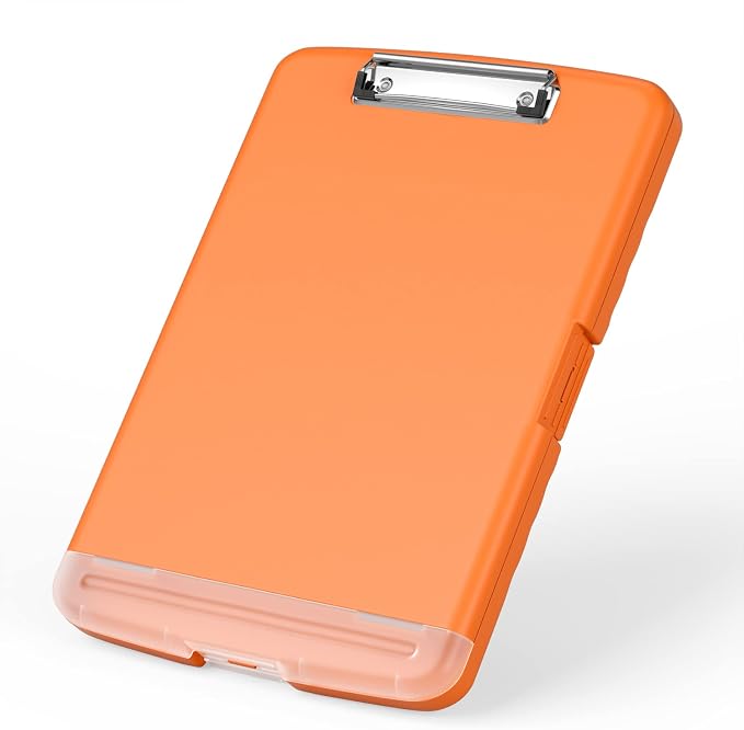 Rimilak Clipboard with Storage, 8.5 x 11'' High Capacity Clip Board, Orange | Smooth Writing, Side-Opening Plastic Folder with Pen Holder, Size 14.2 x 9.6 x 1.2″ ,for Classroom, Teacher, Student
