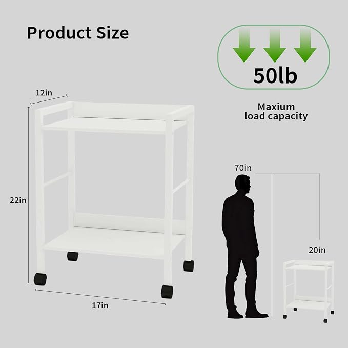 Small Rolling Side Table for Sofa, 2-Tier End Table on Wheels | Rolling cart for any room | Holds coffee, lamp, books, plants | Sturdy wood-metal shelf | Side, nightstand, printer stand