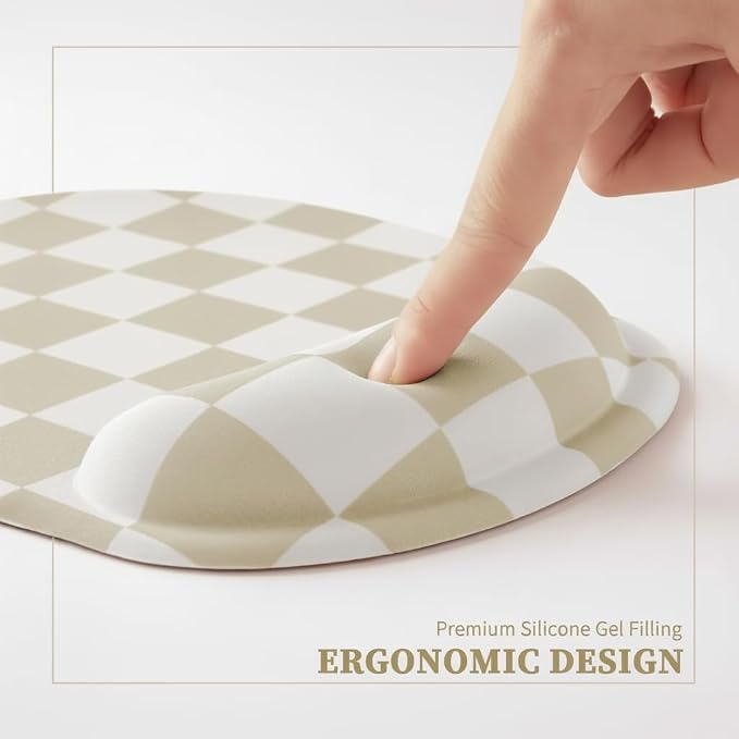 Ohocut Beige White Checkered Mouse Pad with Gel Wrist Rest, Wrist Support, Ergonomic Desk Accessories for Women, Office Laptop Gaming Decor, Cute Aesthetic Check Design