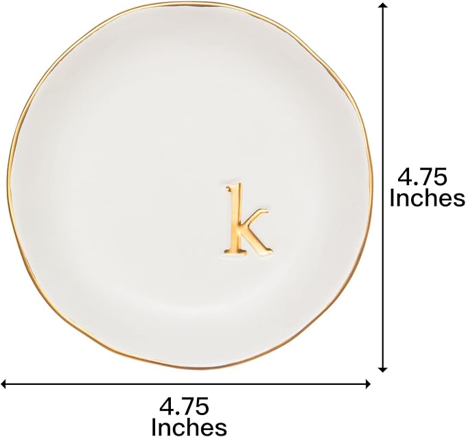 COLLECTIVE HOME Ceramic Jewelry Tray, Trinket Dish, Gifts for Women (K) | Mother's Day, Birthday, Christmas, Engagement Gifts, Vanity, Nightstand Decor, Embossed Gold Monogram Ring Dish with Gift Box