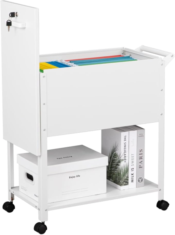 Mobile File Cart, 2-Tier Rolling File Cart with Wheels Hanging Files, Metal File Cabinet with Lock and Sliding Covers for A4/Letter/Legal Size, White
