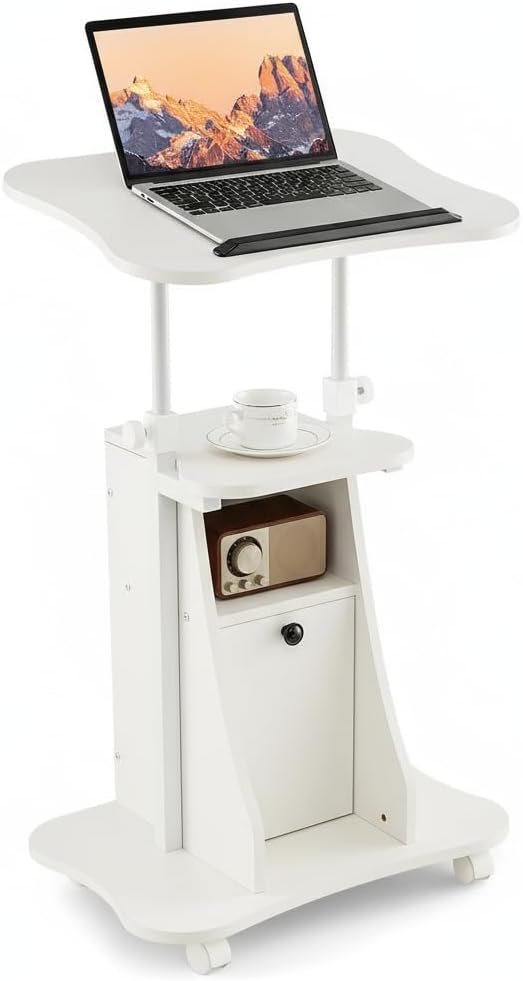 Tangkula Mobile Laptop Podium, Height Adjustable Sit to Stand Desk with Tilting Desktop & Storage Cabinet, Ergonomic Rolling Lectern Cart Laptop Desk, Office Podium Stand on Wheels