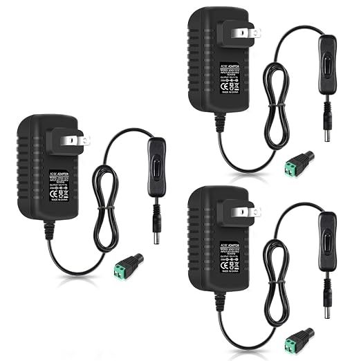 12V Power Supply, 12 Volt 1A 12W DC Power Supply with On Off Switch, Black Switching LED Power Adapter, AC 110V to 12V Transformer Plug for LED Strip Lights with 5.5/2.1 DC Female Connector, 3 Pack