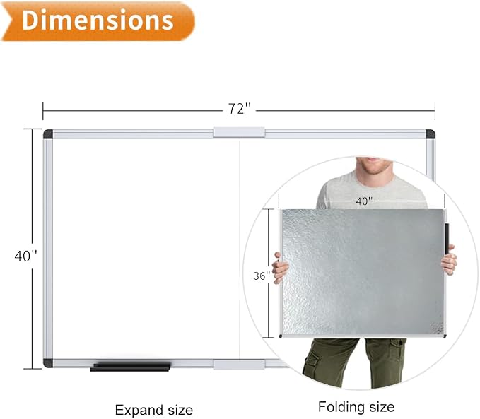 VIZ-PRO Large Magnetic Dry Erase Whiteboard, 72 x 40 Inches, Foldable | Silver Aluminum Frame, Wall-Mounted White Board with Marker Tray for School Office and Home