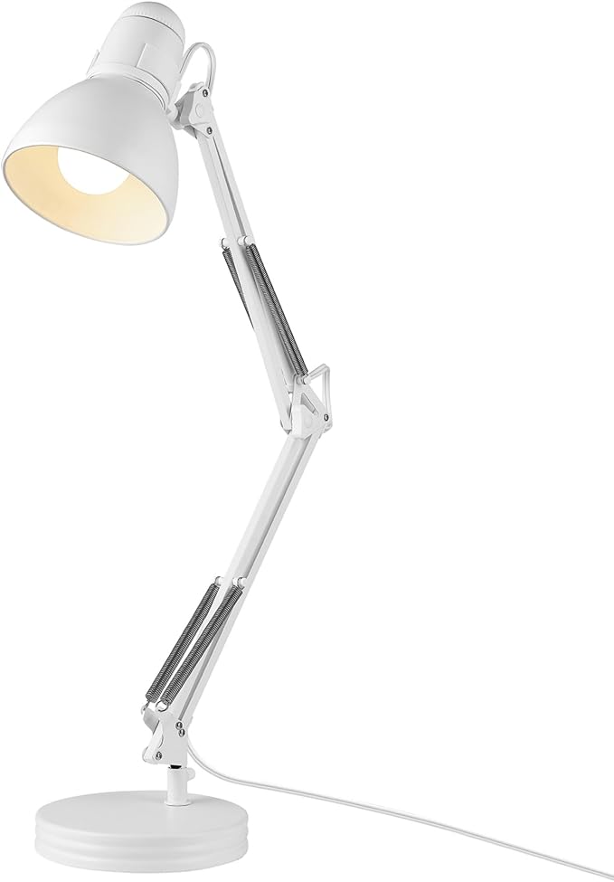 Globe Electric 52024 28" Swing Arm Architect Desk Lamp, Matte White, Rotary Switch on Shade, Partially Adjustable Arm, Modern Lighting for Bedroom or Office, Timeless, Indoor Lights