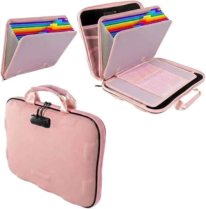 Fireproof Document Box, Hard Case Fireproof File Organizer Box with Lock and 13 Pocket Accordion File Folder, Portable Safe Box for Office Storage Important Documents (With Out Shoulder Strap, Pink)