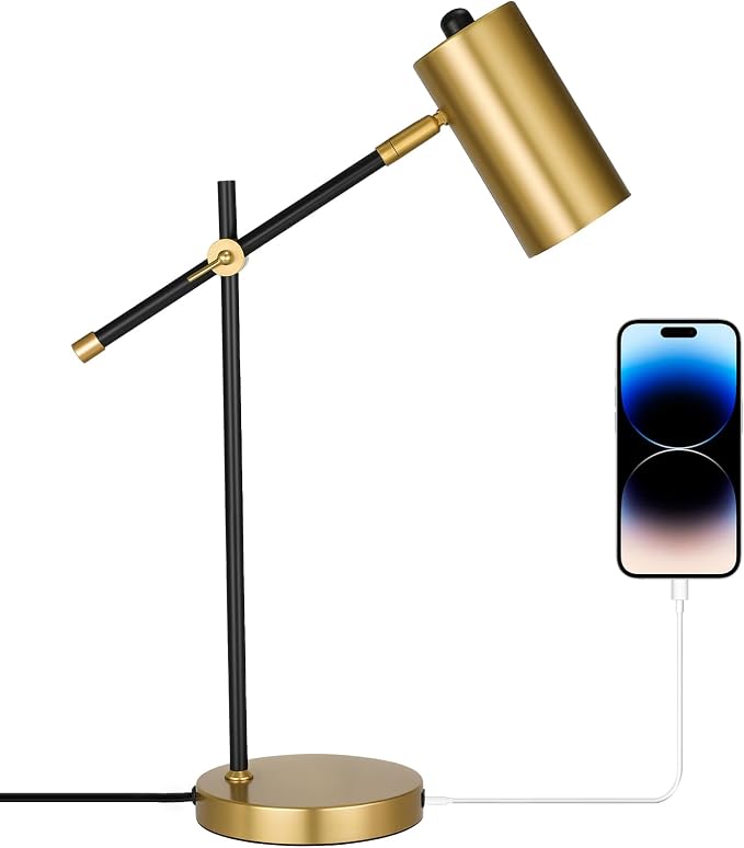 Modern Black and Gold Desk Lamp with Type C Charging Port, Minimalist Industrial Table Lamp with Swing Arm, for Study Room Home Office Bedroom Bedside Nightstand