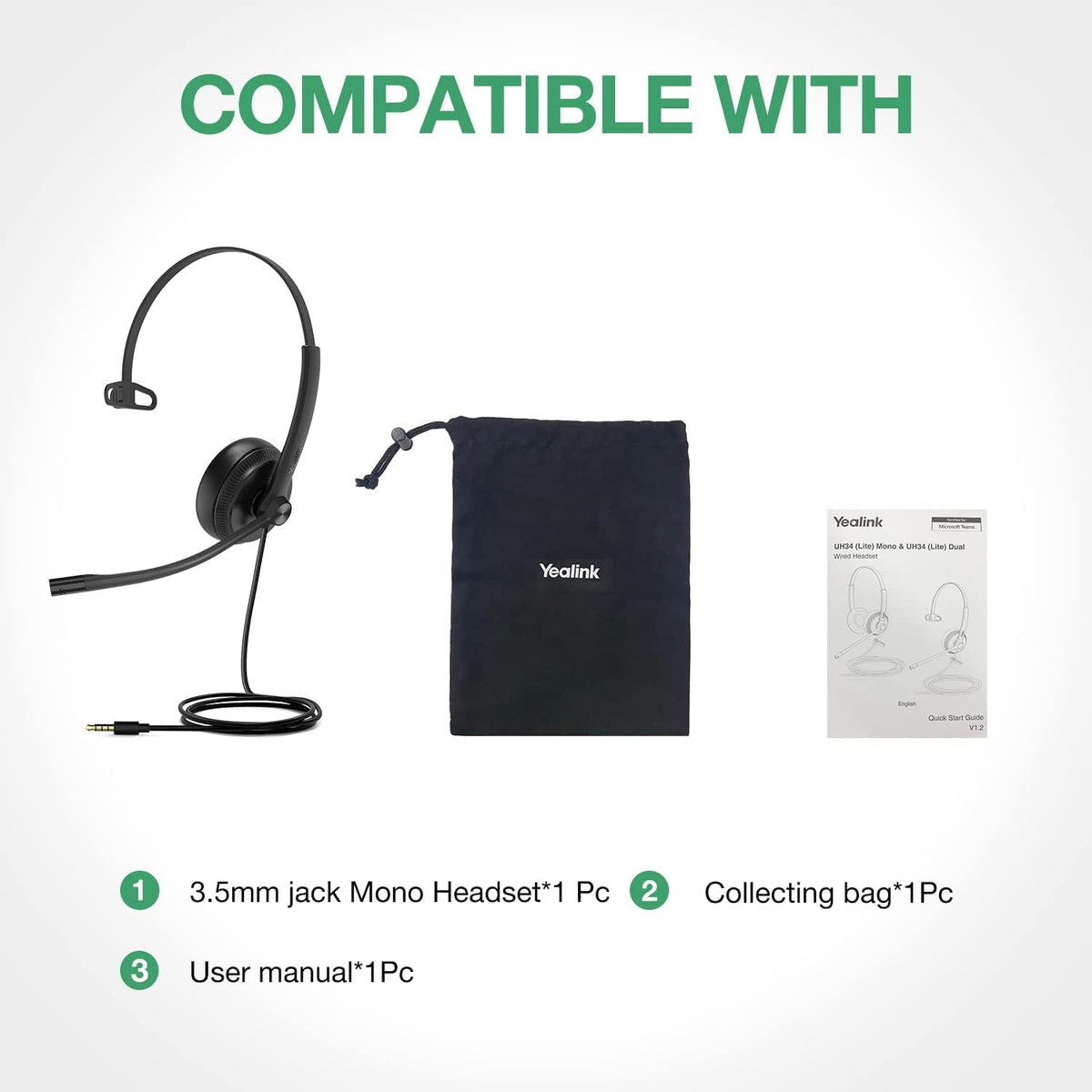 Yealink UH34 Wired Headset with Mic, 3.5mm Mono Headphones Noise Canceling Microphones,Teams Certified Work Office Headset for Computer PC Mac Laptop Tablet Smartphone