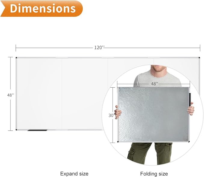 VIZ-PRO Large Magnetic Dry Erase Whiteboard, 120 x 48 Inches, Foldable | Silver Aluminum Frame, 10' x 4' Wall-Mounted White Board with Marker Tray for School Office and Home