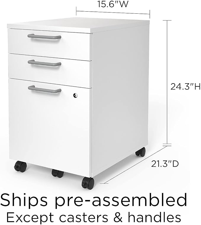 Staples Essentials 3-Drawer Vertical File Cabinet, Letter & Legal Size Documents, Lockable & Mobile, 21.3" D x 15.6" W x 24.3" H, White