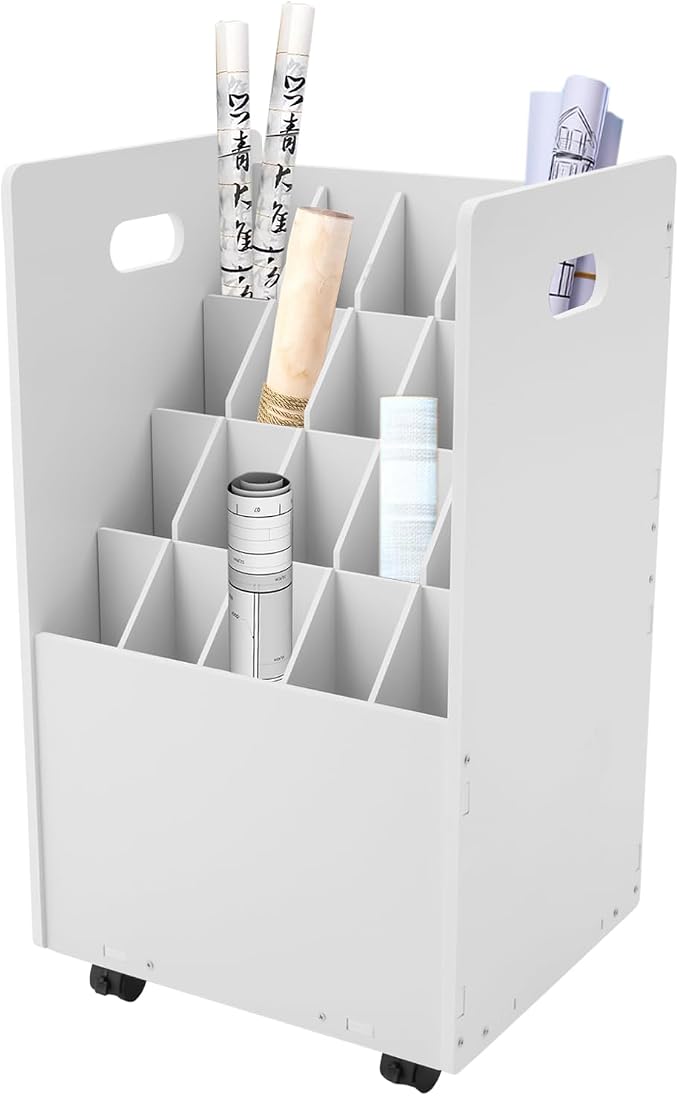 20 Slots Blueprint Storage Organizer, Mobile Roll File Cart, Construction Plan Holders, Blue Print Cabinet with Wheels, Roll Files Storage for Office Home School (White, 20 Slots)