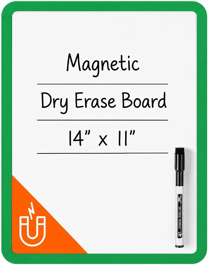 Mr. Pen- Dry Erase Board, 14” x 11” with a Black Dry Erase Marker | Green Frame, Small Mini White Board for Students, Fridge, Wall, Locker, Includes Double Sided Tapes