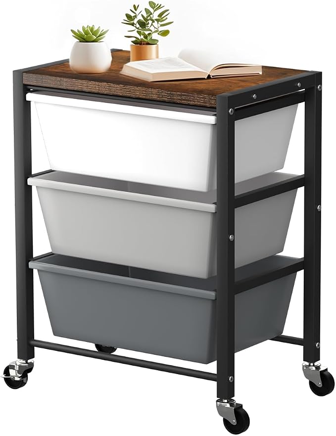 Rolling Cart with 3 Drawers, Plastic Drawer Storage Carts with Lockable Wheels & Wooden Tabletop, Metal Utility Cart Organizer, Office Bedroom Classroom Craft Organization and Storage, Dark Grey