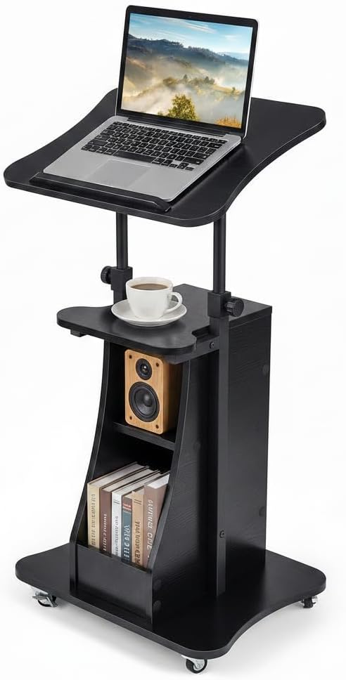 Tangkula Mobile Lectern Podium, Height Adjustable Podium Stand, Standing Sit-to-Stand Desk, Rolling Cart Laptop Desk with Swivel Top Movable Wheels & Storage