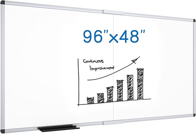 VIZ-PRO Large Magnetic Dry Erase Whiteboard, 96 x 48 Inches, Foldable | Silver Aluminum Frame, 8' x 4' Wall-Mounted White Board with Marker Tray for School Office and Home