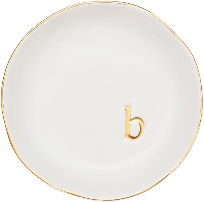 COLLECTIVE HOME Ceramic Jewelry Tray, Trinket Dish, Gifts for Women (B) | Mother's Day, Birthday, Christmas, Engagement Gifts, Vanity, Nightstand Decor, Embossed Gold Monogram Ring Dish with Gift Box