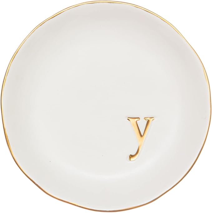 COLLECTIVE HOME Ceramic Jewelry Tray, Trinket Dish, Gifts for Women (Y) | Mother's Day, Birthday, Christmas, Engagement Gifts, Vanity, Nightstand Decor, Embossed Gold Monogram Ring Dish with Gift Box
