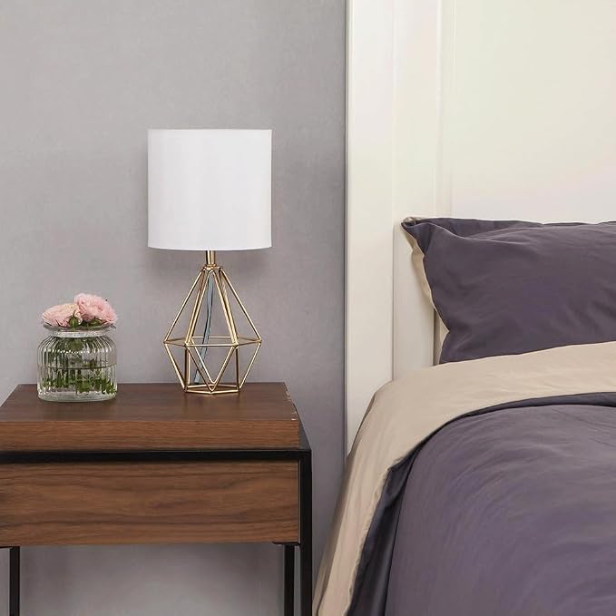 Gold Small Table Lamp Set of 2, Modern Bedside Nightstand Lamps with Geometric Metal Base White Fabric Shade, Cute Desk Lamp for Living Room Bedroom