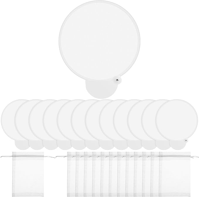Roowest 12 Pcs 7.87“ Round Sublimation Blank Foldable Fan with Bag Polyester Colored Portable Handheld Compact Fold up Flying Disc Fans for Summer Wedding Graduation Party Favor (White)