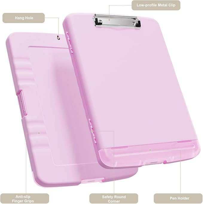 Piasoenc Clipboard with Storage, 8.5 x 11 Clip Board with Pen Holder, Pink | High Capacity, Heavy Duty Plastic Organization Box for A4 Legal Paper Folder, Folio & Side-Opening Nurses, Teachers, Student