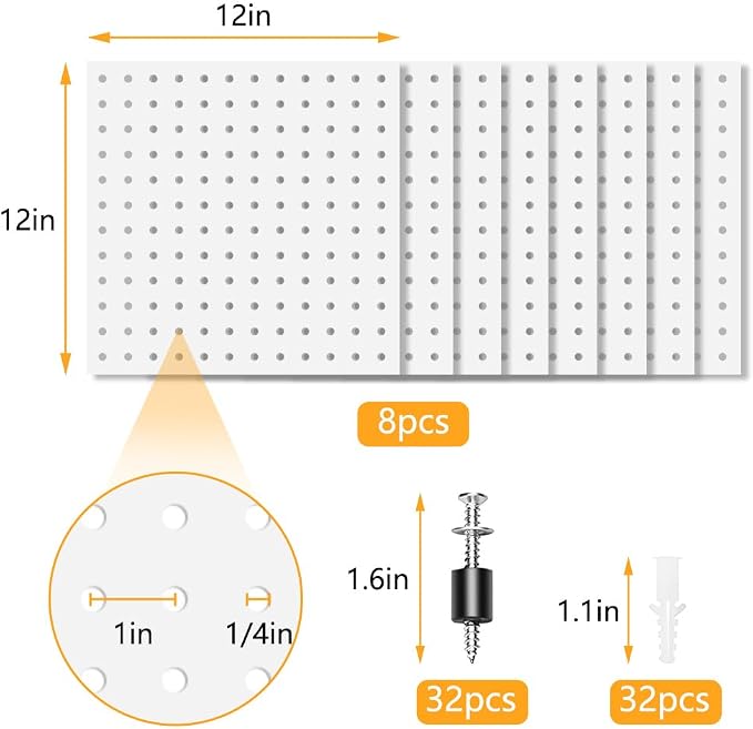 8Pcs Metal Pegboard Wall Organizer Panels, White | Peg Board Accessories, Peg Boards for Walls, For Kitchen Craft Room Office Workshop, Easy Installation, 12
