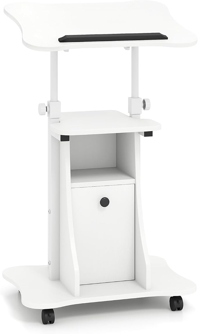 Tangkula Rolling Lectern Podium Stand, Height Adjustable Laptop Table with Tilting Tabletop & Storage Shelves, Compact Standing Desk with Lockable Casters for Home Office School (White)