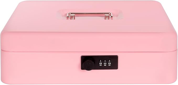 Cash Box with Combination Lock, Metal Money Box for Cash Register, Large Cash Lock Box for Money Safe 11.8" x 9.4" x 3.54" Pink