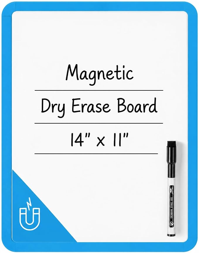 Mr. Pen- Dry Erase Board, 14” x 11” with a Black Dry Erase Marker | Blue Frame, Small Mini White Board for Students, Fridge, Wall, Locker, Includes Double Sided Tapes