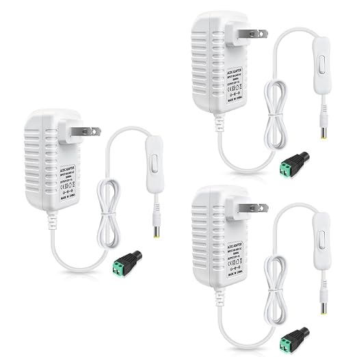 12V Power Supply, 12 Volt 1A 12W DC Power Supply with On Off Switch, White Switching LED Power Adapter, AC 110V to 12V Transformer Plug for LED Strip Lights with 5.5/2.1 DC Female Connector, 3 Pack
