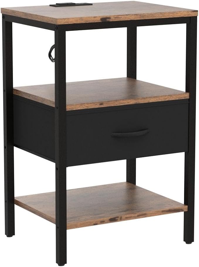 SUPERJARE Nightstand Set of 2 with Charging Station, USB-C Port, End Tables | Night Stand for Bedroom, with Adjustable Fabric Drawer, 3-Tier Storage Bedside Tables for Living Room, Rustic Brown & Black
