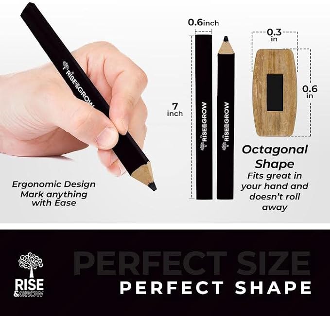 Rise & Grow 50 Set, Black Carpenters Pencils Bulk 7” – HB Lead Flat Construction Pencils for Men and Women - Woodworking Pencil for Marking Wood, Concrete and Plastic (Black)