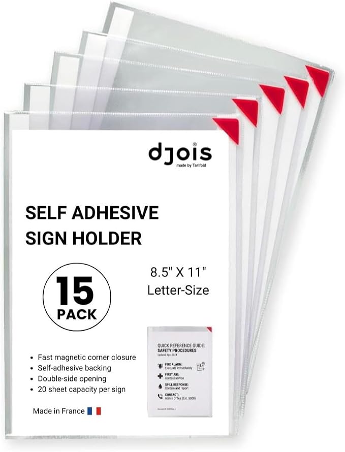 Tarifold Self-Adhesive Sign Holders, Letter Size, 15 Pack | 15 clear PVC holders, repositionable adhesive strips, magnetic corner closure, holds up to 20 letter-size sheets