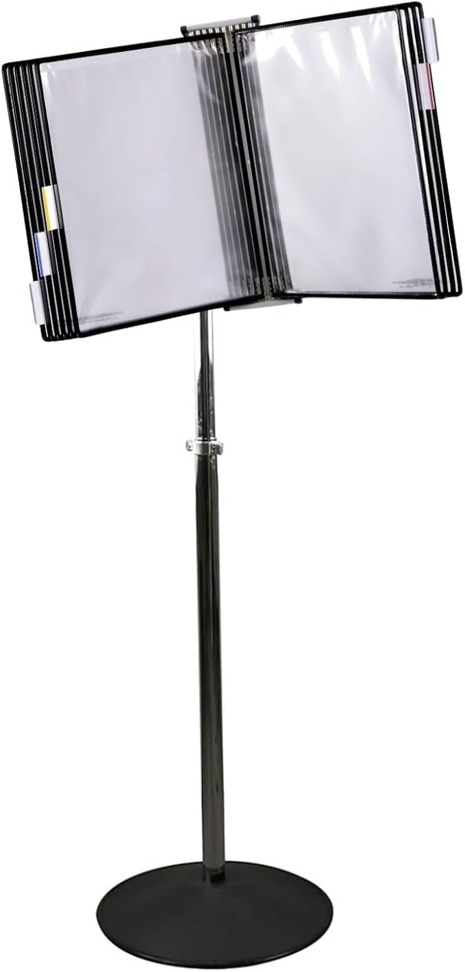 Tarifold Adjustable Floor Reference Display Stand, 10 Pockets, Black | 10 double-sided pockets hold 20 letter-size sheets, adjustable floor stand, durable metal bracket, easy to assemble