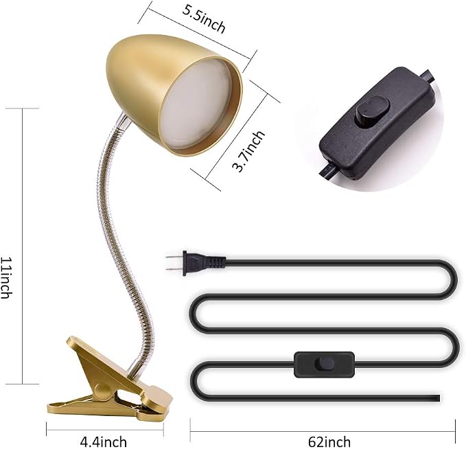 E ENERGETIC LIGHTING Clip on Light for Bed, Non-Dimmable Clip on Reading Light for Bed, 4000K Cool White, 3.5W 240 LM Desk lamp with clamp, Eye Protection, ETL Listed, Gold