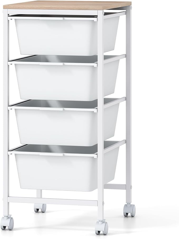 Giantex Rolling Storage Cart with 4 Drawers, Utility Cart w/Wooden Tabletop, Lockable Wheels, Multipurpose Organizer for Art Craft Scrapbook Paper, Drawer Carts for Dorm Classroom Office, White