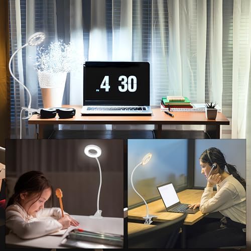 Woputne Desk Lamp Clip on Desk Reading Lights for Books in Bed (White) | With 5V 2A Adapter, 10 Dimmable Brightness 3 Modes, Clip on Light for Reading Home Office,Bed Headboard, Craft