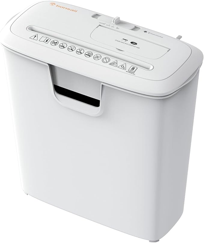 Bonsaii 8-Sheet StripCut Shredder - High Security, CD/Credit Card, Overheat Protection, 3.4 Gal Bin, Ideal for Home Office, Low Noise Operation, White