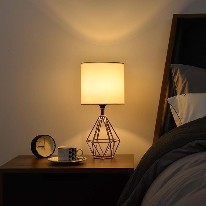 Rose Gold Bedside Table Lamp,Modern Small Desk Lamp with TC Fabric Shade Geometric Metal Base for Kids Living Room Bedroom Nightstand