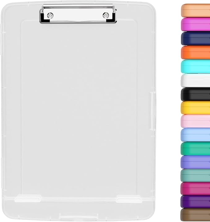Hongri Clipboard with Storage with Pencil Case, 8.5 x 11 Storage Clip Board | High Capacity Organization Box for A4 Letter Legal Paper, Heavy Duty Folio & Side-Opening for Nurses, Teachers, translucent